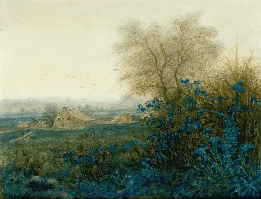Landscape with a Farmhouse and a Peasant Wheeling a Barrow (1865) by Léon Bonvin